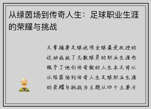 从绿茵场到传奇人生：足球职业生涯的荣耀与挑战